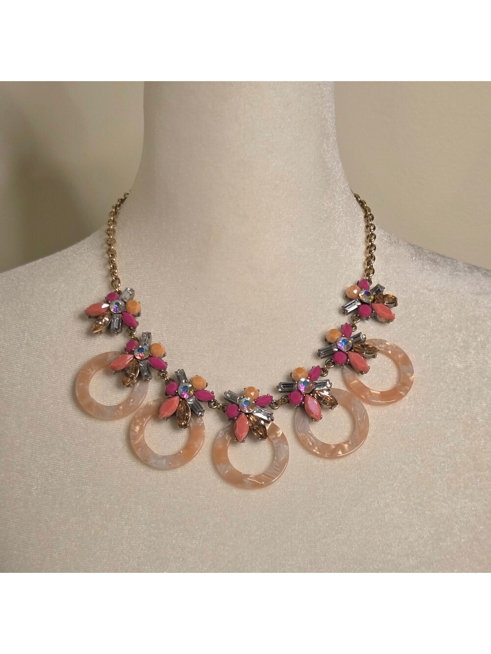 pink & gold boho statement necklace w/ circle pendants + colorful rhinestones